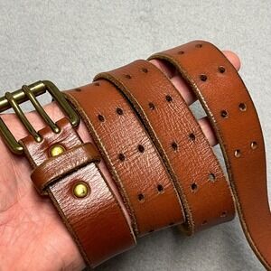 VTG Gap Cognac Brown Leather Double Prong Belt Brass Buckle Mens Womens Size S